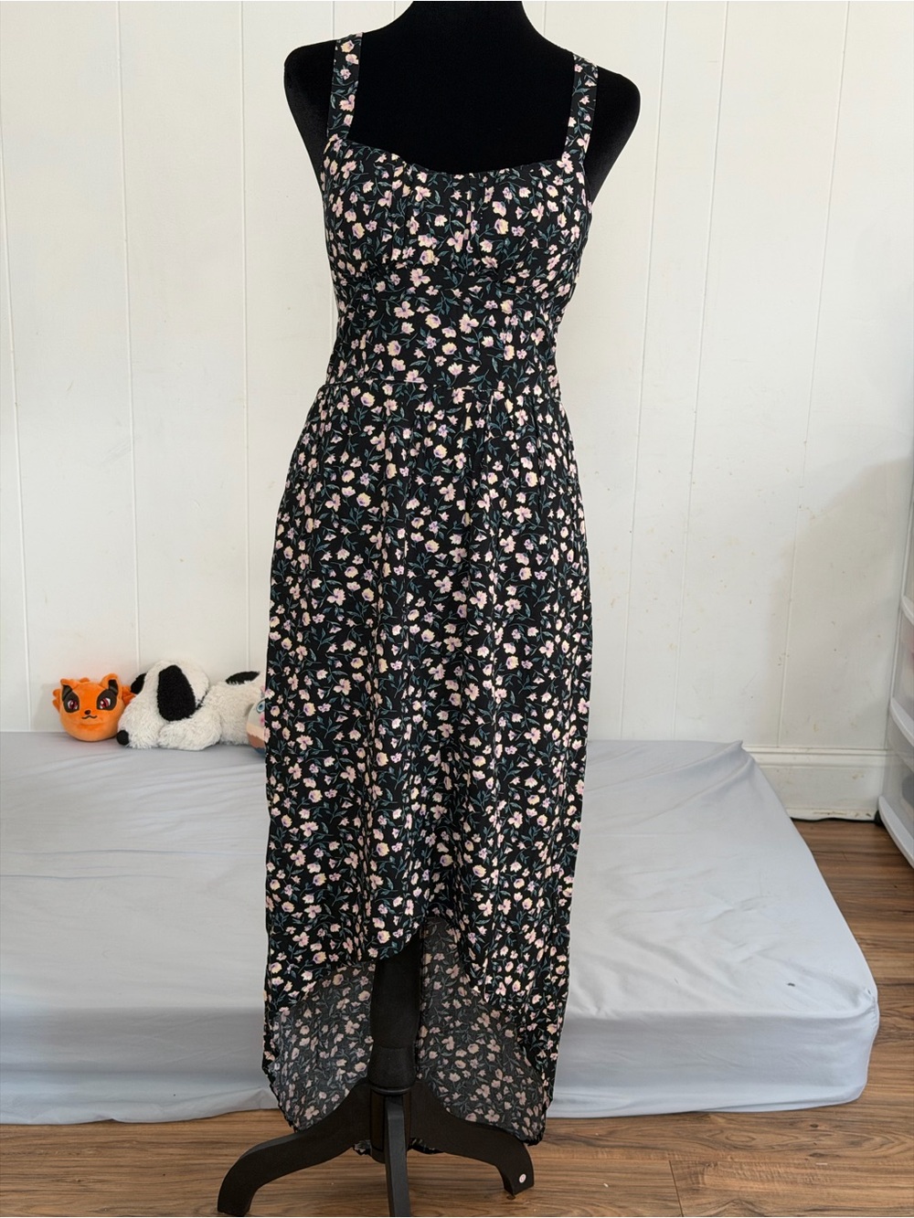 Floral Square-Neck Black High Low Linen Maxi Dress size XS